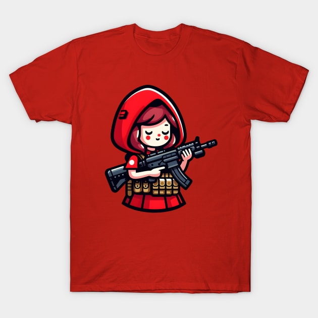 Tactical Little Red Riding Hood Adventure Tee: Where Fairytales Meet Bold Style T-Shirt by Rawlifegraphic